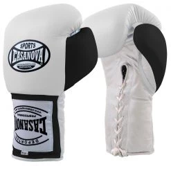 Pro Boxing Supplies Casanova Boxing® Professional Lace Up Training Gloves - White W/ Black Thumb And Wrist