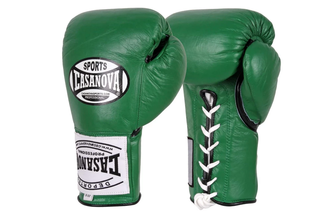 Pro Boxing Supplies Casanova Boxing® Professional Lace Up Official Fight Gloves - Green 1 Pro Boxing Supplies Casanova Boxing® Professional Lace Up Official Fight Gloves - Green