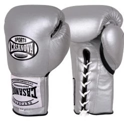 Pro Boxing Supplies Casanova Boxing® Professional Lace Up Official Fight Gloves - Silver